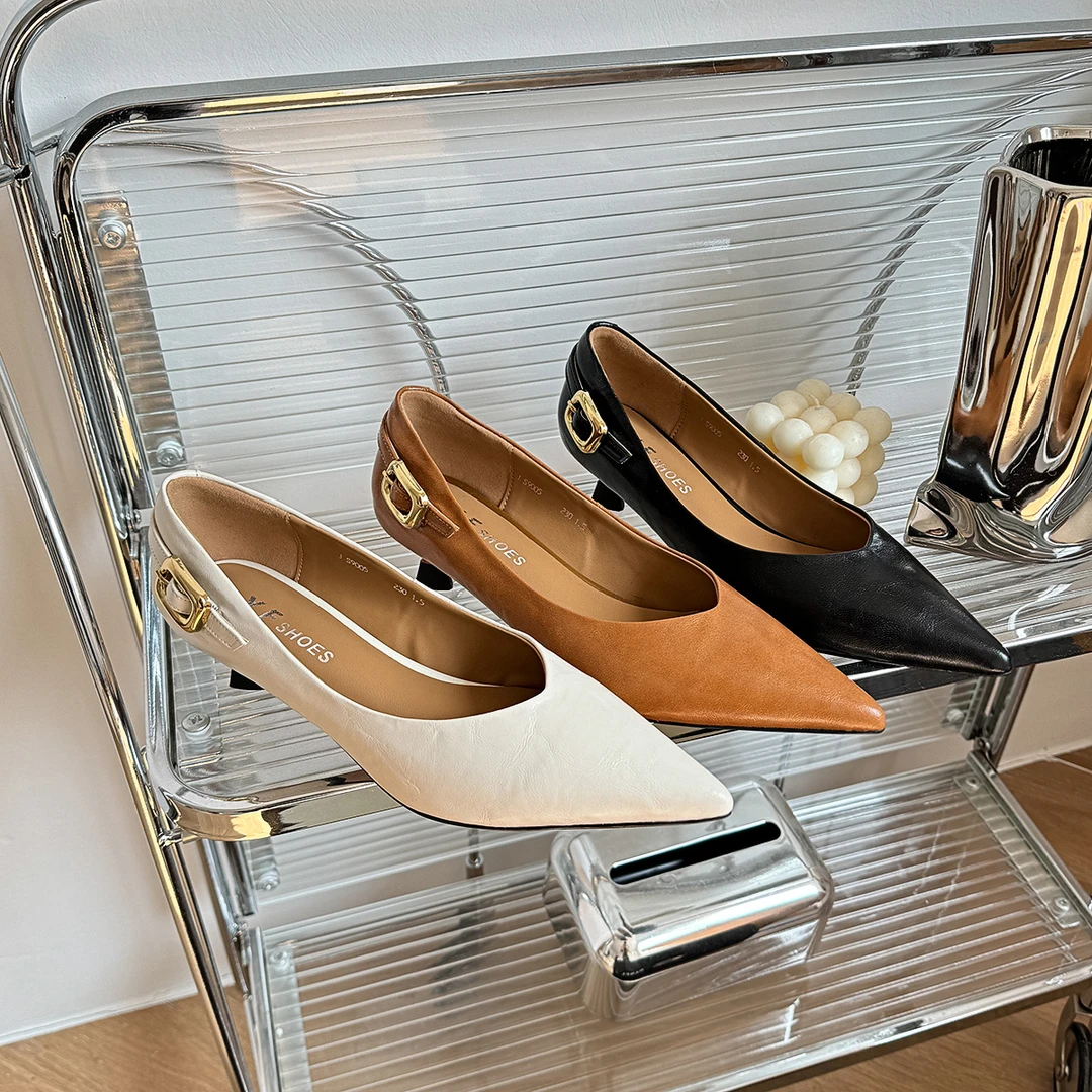 2025春季新款尖头浅口气质细跟中跟单鞋法式低跟百搭跟鞋小皮鞋