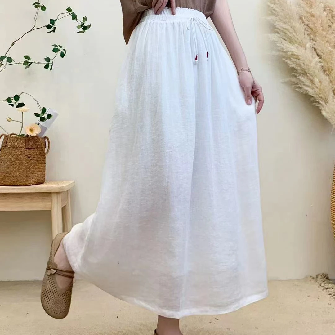 2024新款双层设计100支细苎麻纯色半身裙女文艺仙女裙松紧腰百搭