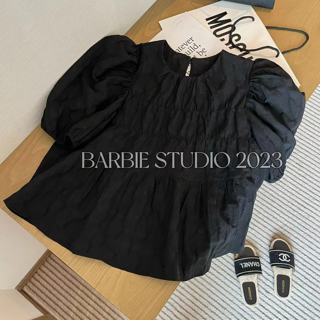 【淡雅时尚】夏季洋气法式小众通勤褶皱肌理感泡泡袖显瘦纯色小衫