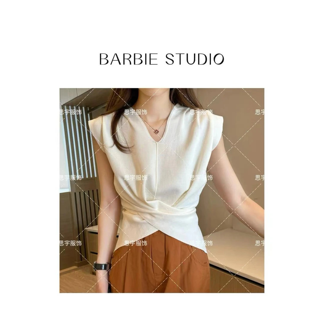 Barbie Siyu【梦中人】小衫夏季V领交叉扭结后背可调针织衫6968