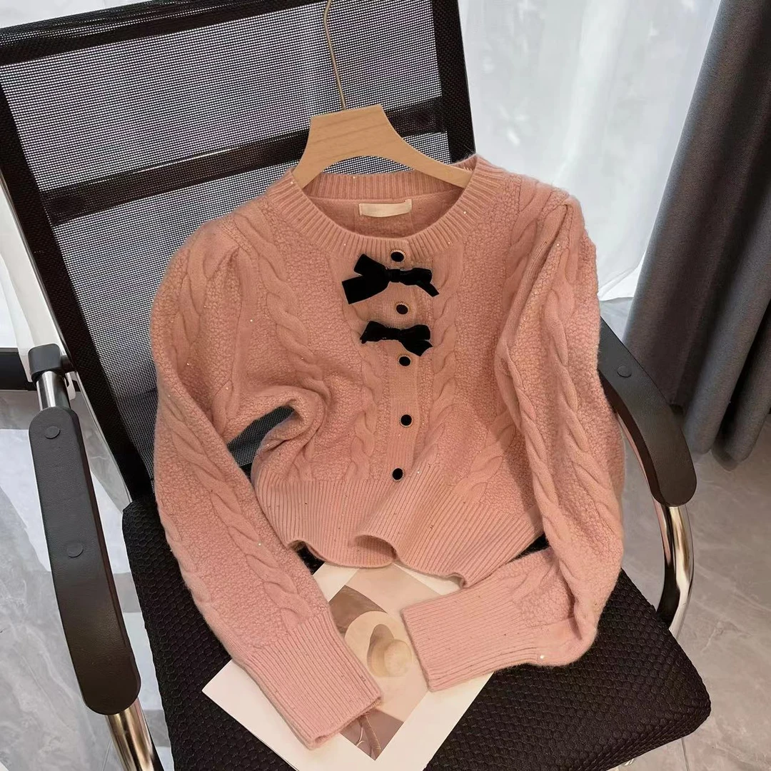 【豆子推荐】7651冬季新款小香风蝴蝶结麻花设计感长袖针织衫毛衣