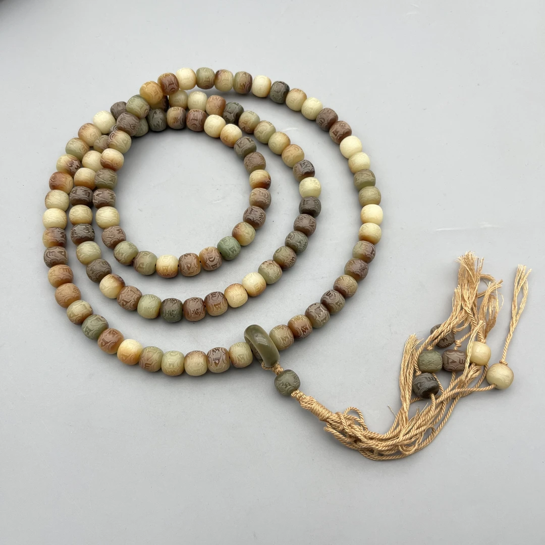 WW062-敦煌碳烤菩提雕刻磨砂面六字真言108颗10mm+多圈珠链