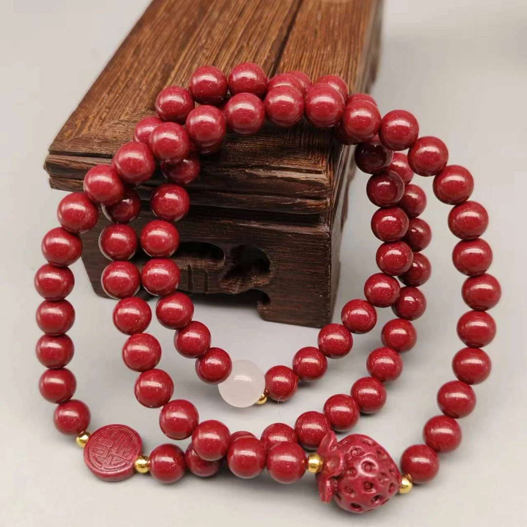 含辰砂工艺品GA234-紫色带草莓福牌配件多圈手串6mm