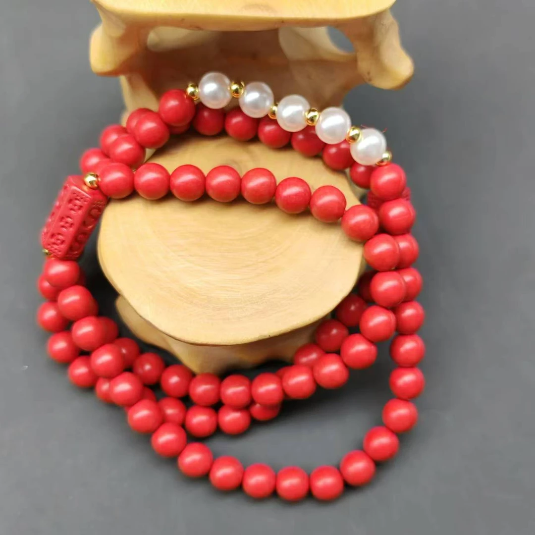 含辰砂工艺品 HB039-红色白配珠隔珠多圈6mm
