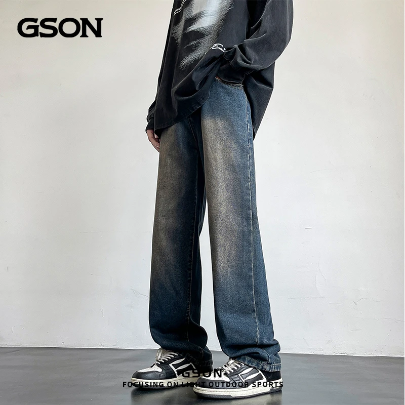 GSON水洗牛仔裤子男女款2024秋季新款宽松阔腿裤美式高街直筒长裤