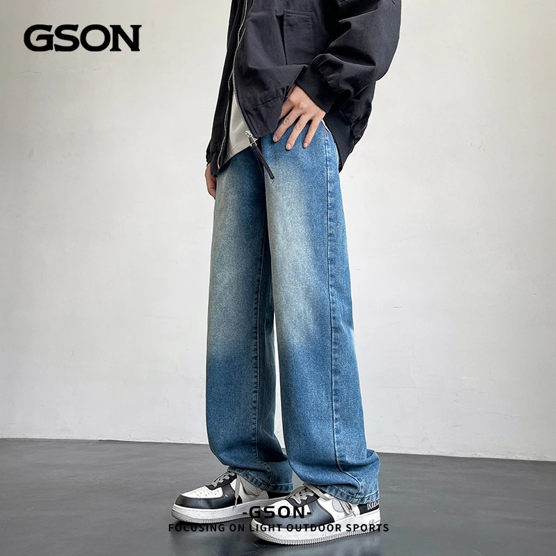 GSON美式复古牛仔裤子男女款春秋季宽松阔腿休闲裤情侣直筒长裤女