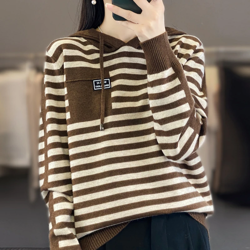 秋冬条纹连帽套头打底针织衫女外套毛衣宽松时尚减龄上衣帽衫卫衣