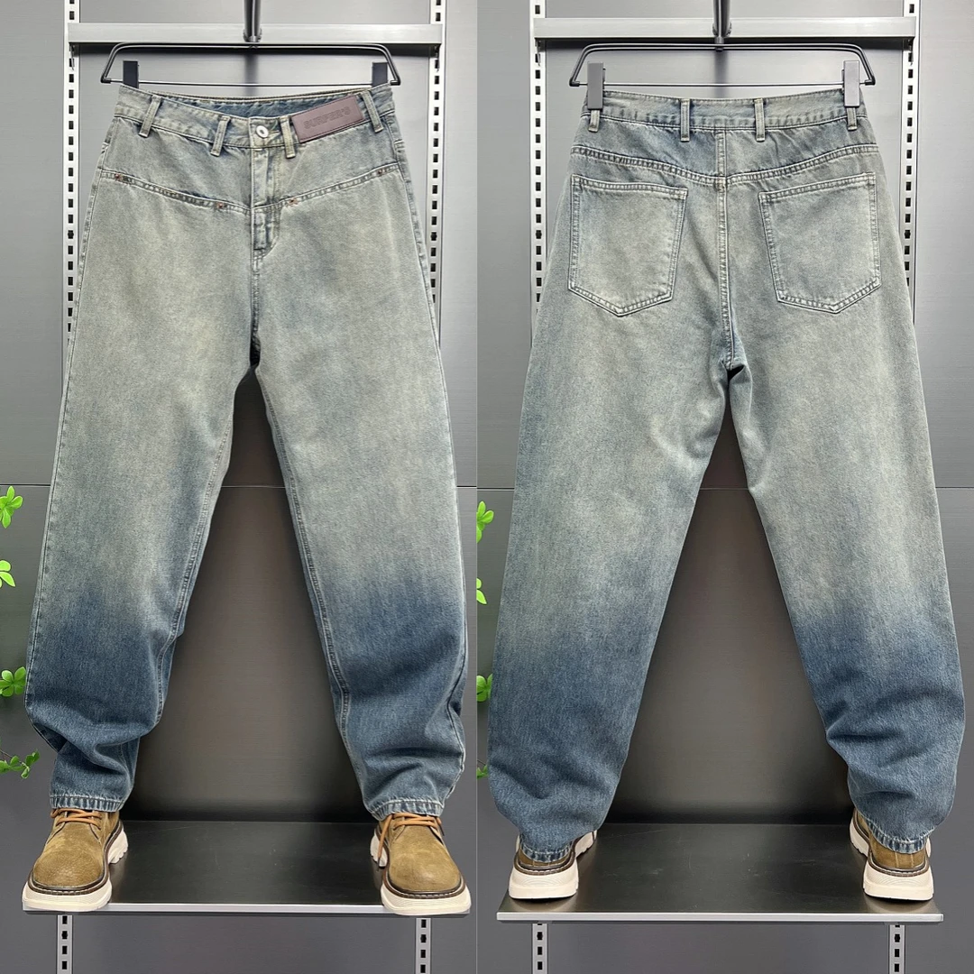 美式潮牌渐变加绒牛仔裤男士秋冬宽松直筒哈伦裤时尚痞帅休闲长裤