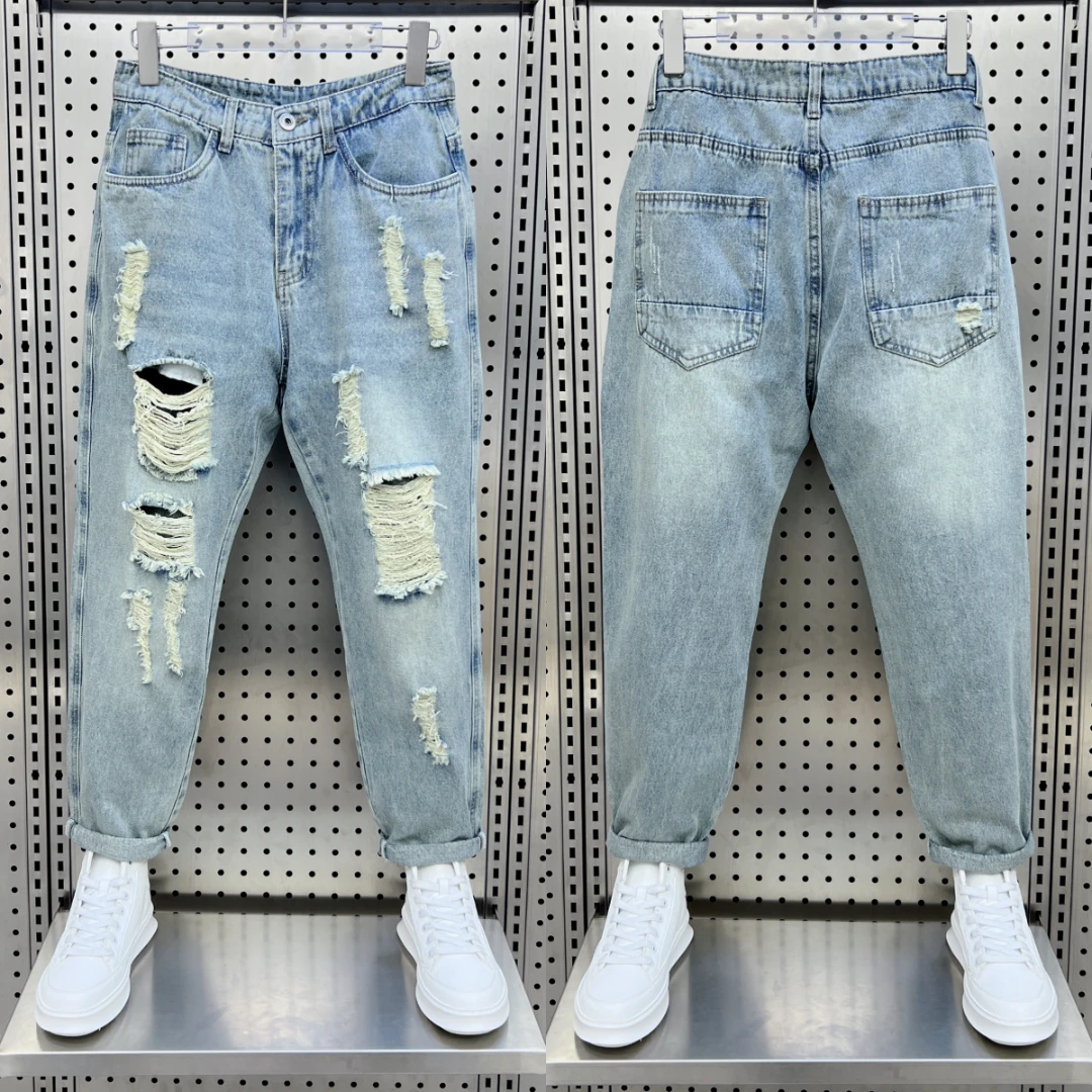 2025夏季破洞牛仔裤男士潮流百搭痞帅束脚哈伦裤韩版修身九分裤子