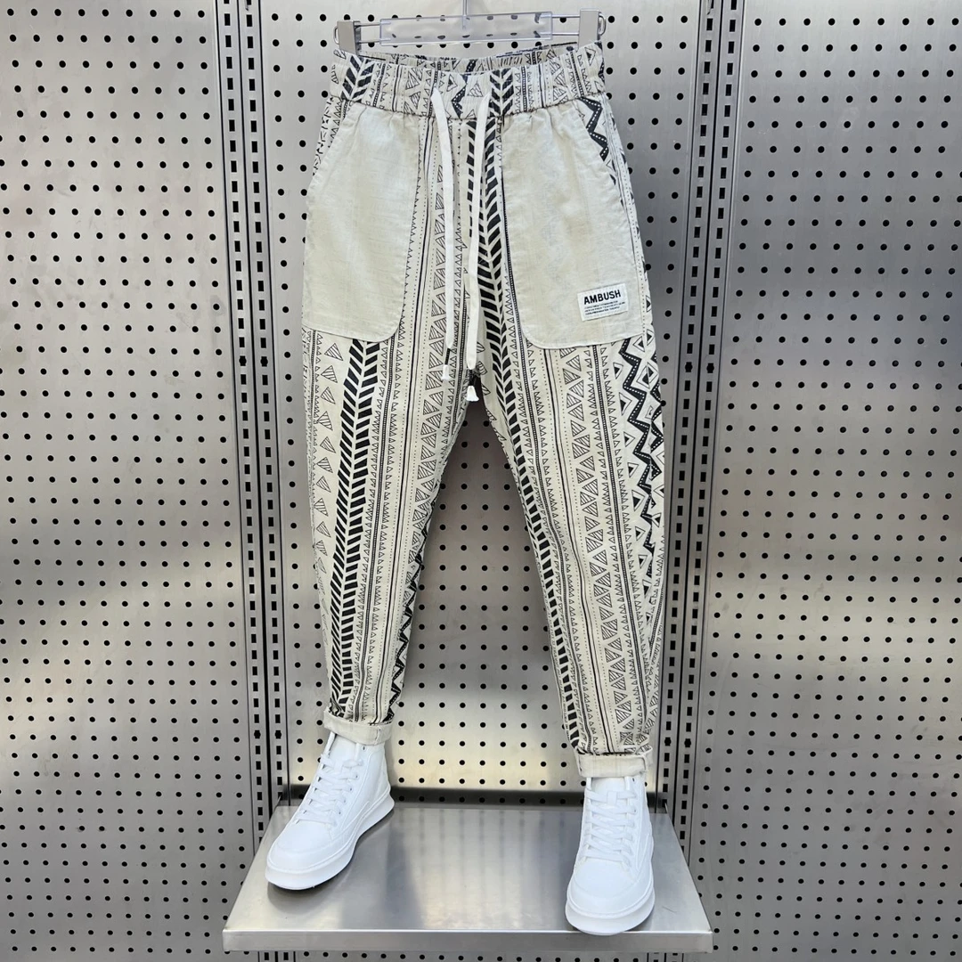 夏季薄款棉麻透气休闲裤男潮流花色小脚九分裤韩版修身痞帅哈伦裤