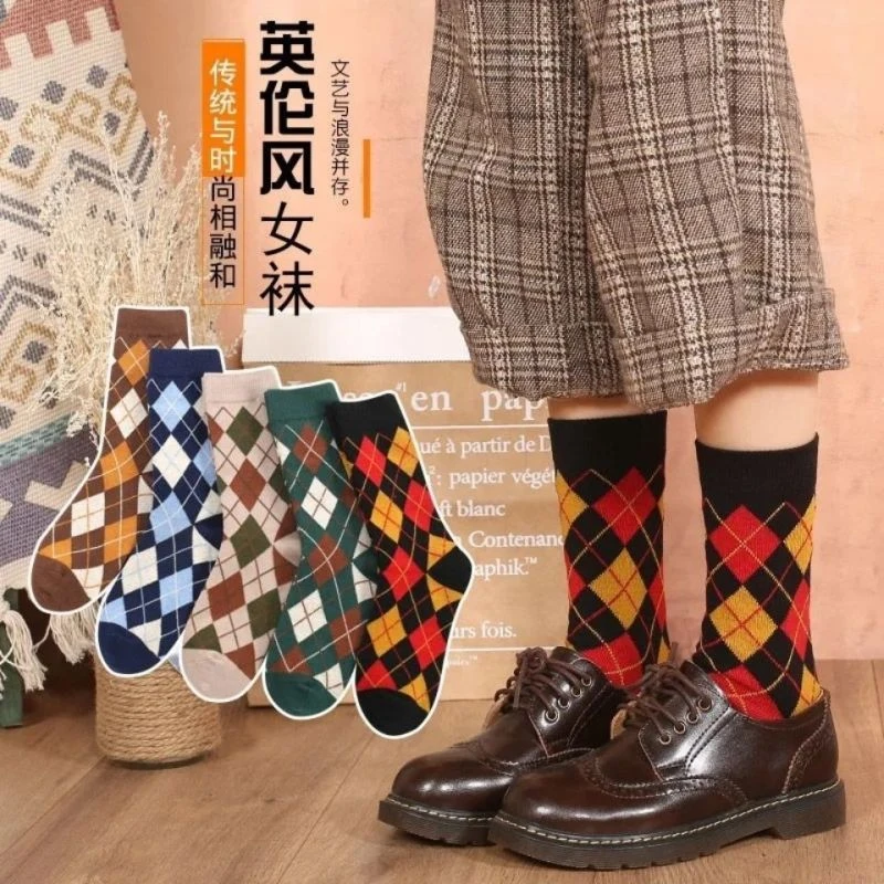 秋冬袜子加厚女英伦菱形格子学院风潮袜jk百搭森系日系中筒ins风