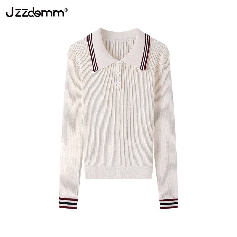 九州诚品/JZZDEMM三色边翻领坑条显瘦气质针织套头衫打底衫上衣女