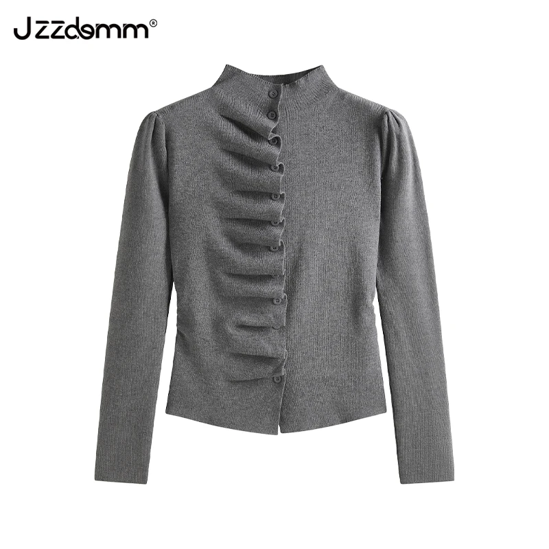九州诚品/JZZDEMM中间褶皱不对称设计感针织开衫女气质泡泡肩上衣
