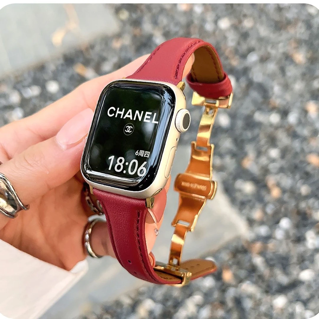 小蛮腰细款真皮适用苹果手表带applewatchS87654321SE代蝴蝶扣