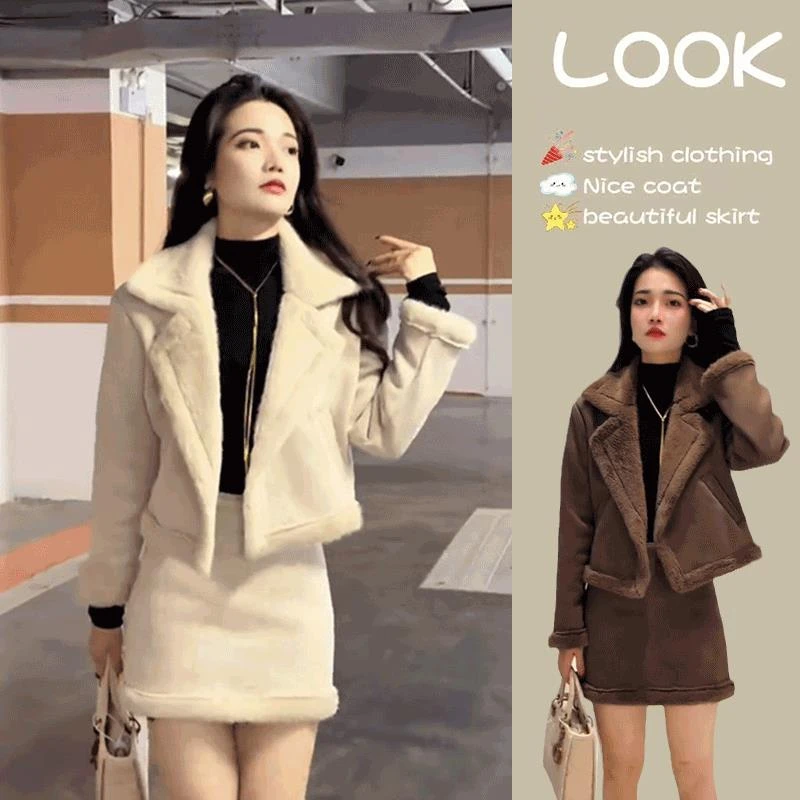 独特绝美套装冬装2024新款时尚加绒加厚短外套半裙一整套辣妹女装