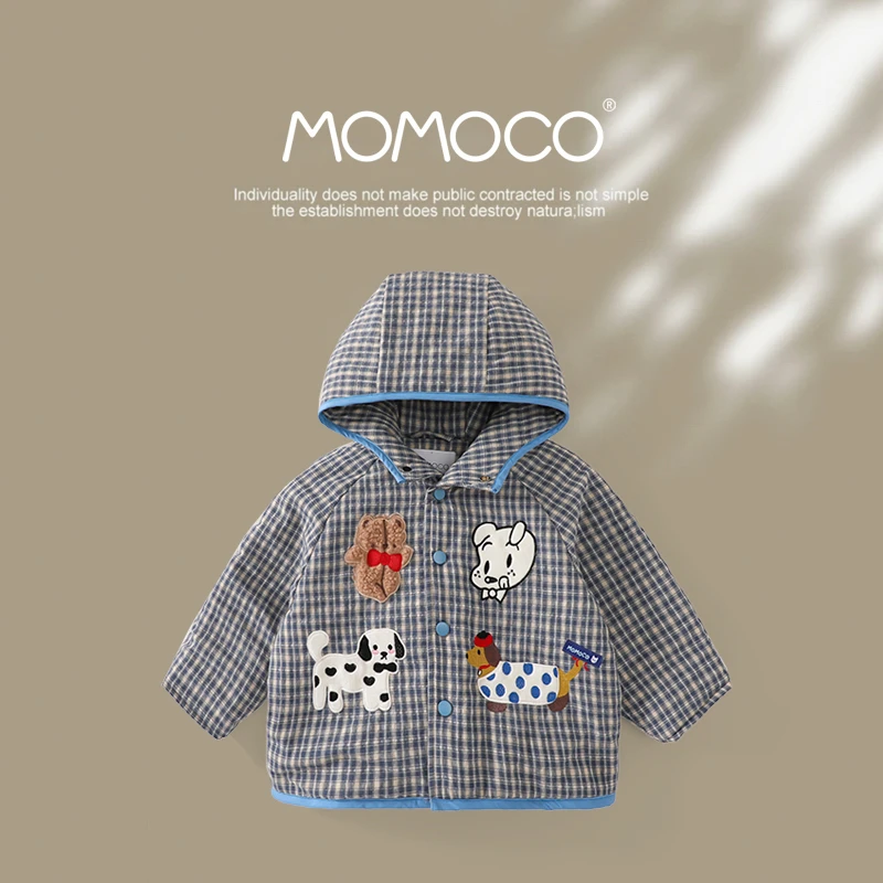 MOMOCO2024新款男童连帽棉衣儿童小狗格子棉服外套冬75480125008