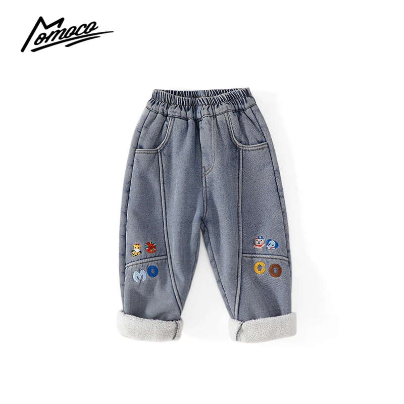 MOMOCO冬季新款男童可爱休闲加绒字母牛仔裤75430350039