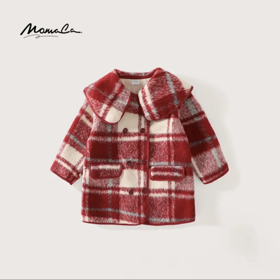 MOMOCO冬季新款女童时尚洋气甜美毛呢格子中长款外套75830126005