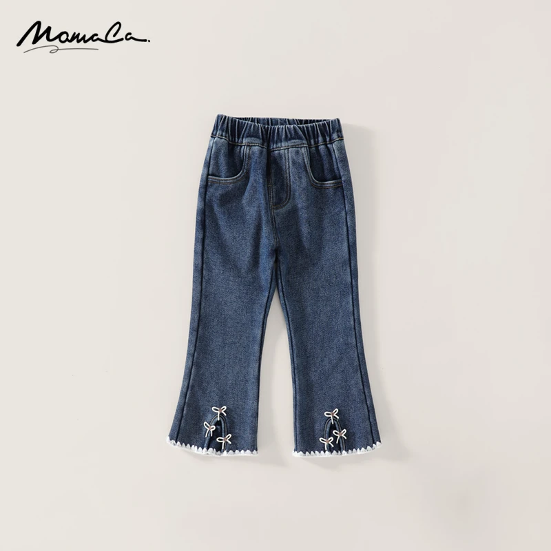 MOMOCO冬季新款女童甜美加绒蝴蝶结洋气牛仔裤75830350014