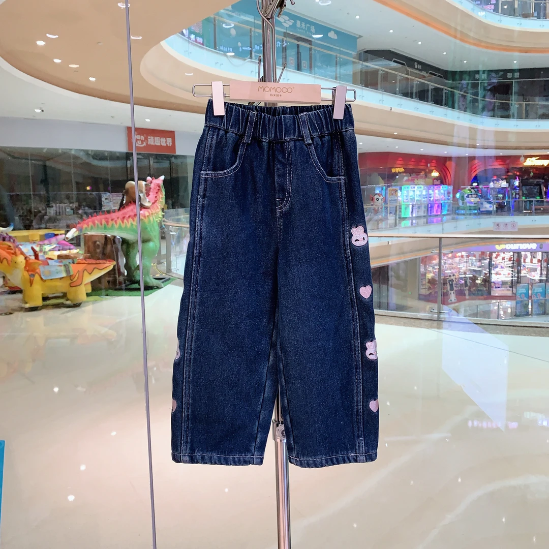 MOMOCO女童秋冬新款时尚卡通小兔加绒甜美绣花牛仔裤75830350021