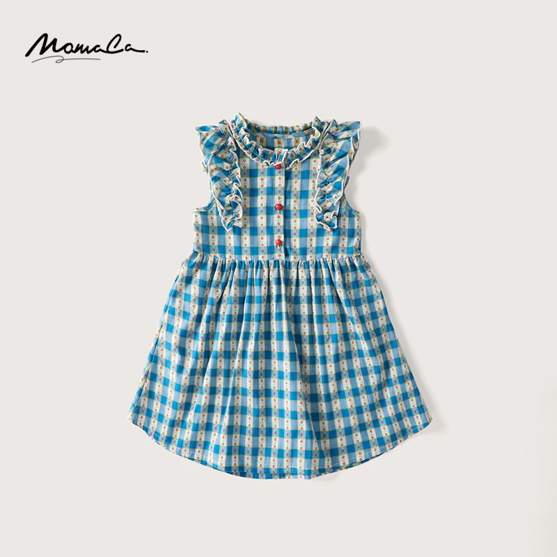MOMOCO夏季女童新款无袖洋气休闲百搭格子碎花连衣裙75680470053