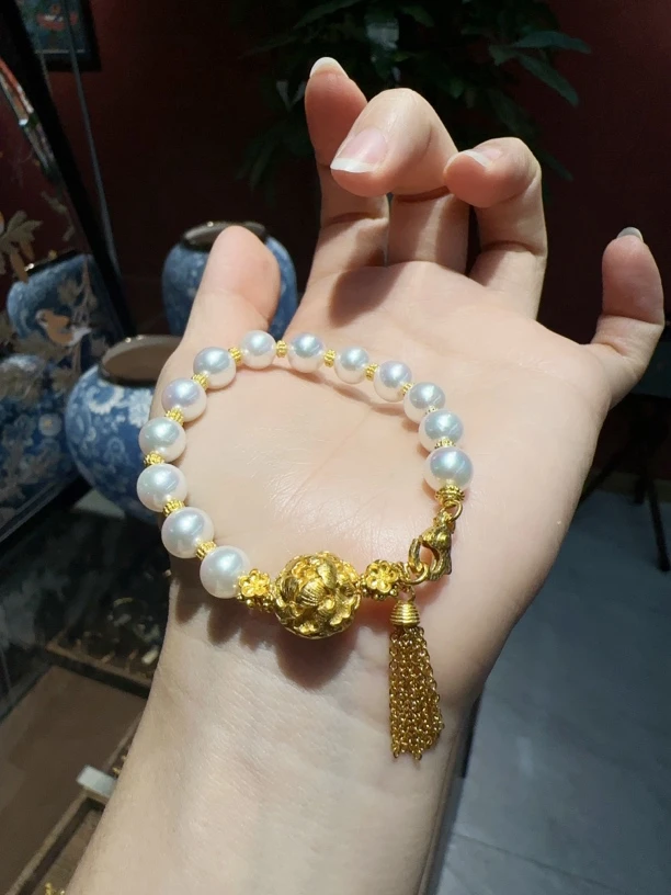 足金手工金牡丹珠手链錾刻手链
