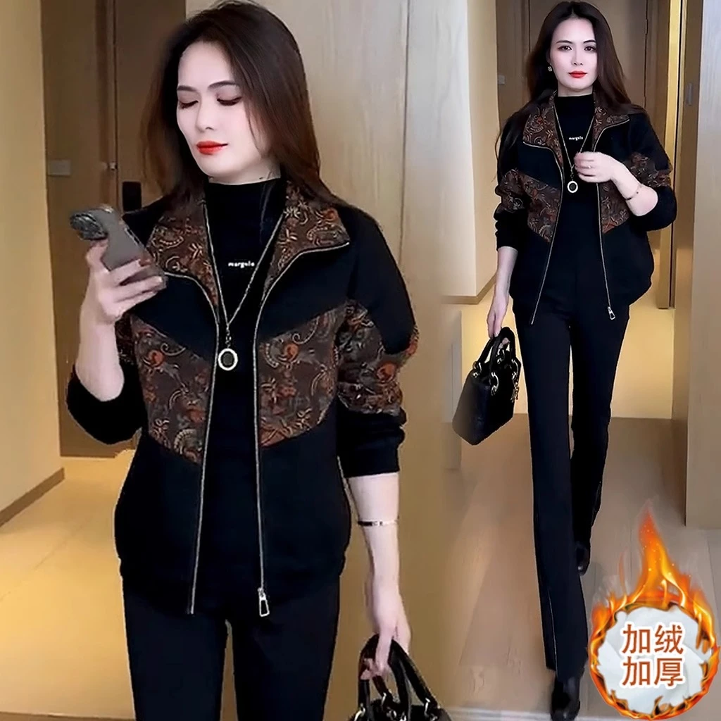 加绒短款外套女士秋冬装新款中年妈妈装加厚夹克衫小个子洋气上衣