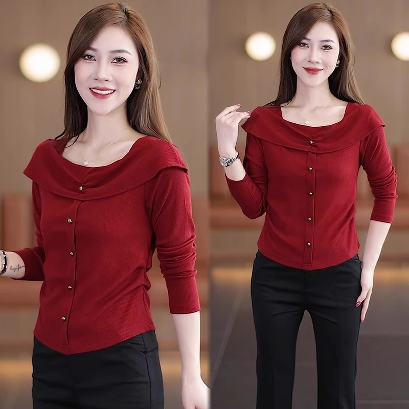 今年流行安可拉红荷叶领长袖T恤女2025秋季新款修身小个子打底衫