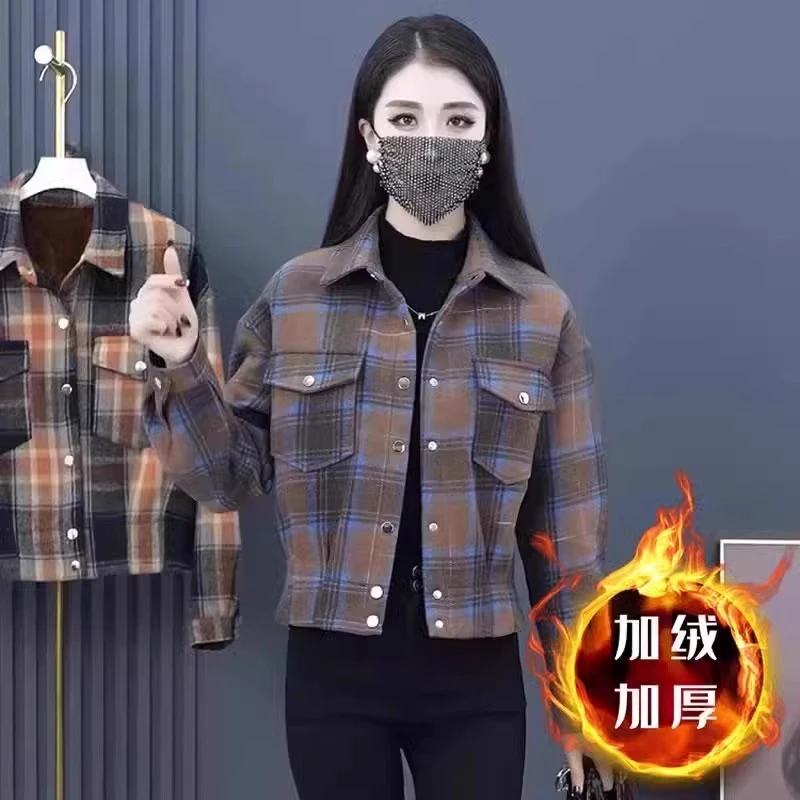 格子外套女加绒加厚2025秋冬新款小个子爆款时尚休闲短款夹克上衣