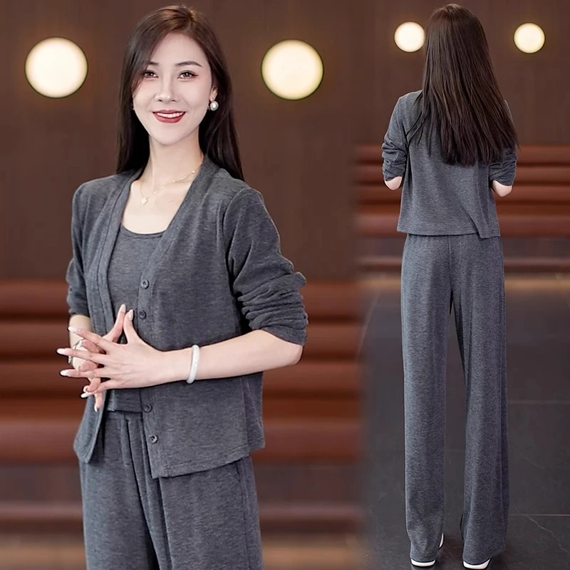 深灰色高级感时尚运动休闲套装女2024秋冬新款宽松直筒裤三件套潮