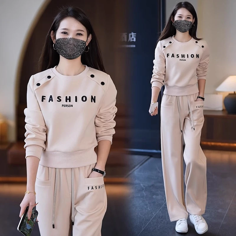 休闲阔腿裤套装女2024春季新款洋气显瘦圆领卫衣跑步运动服两件套
