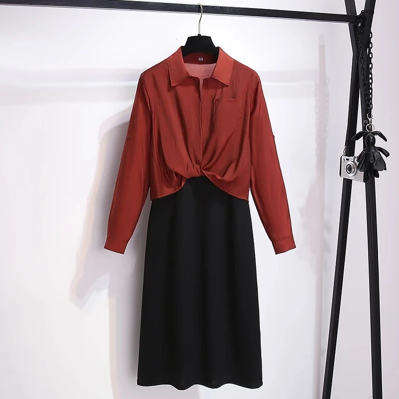 安可拉红色薄款衬衣罩衫吊带连衣裙女2024春秋新款时尚两件套装裙