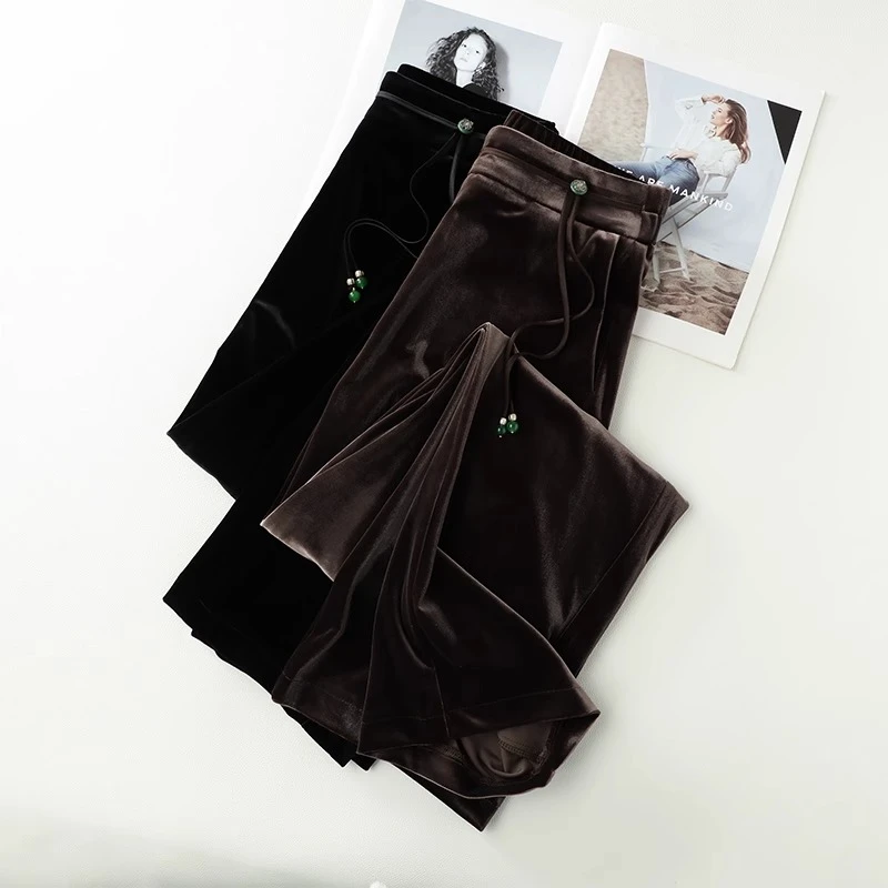 金丝绒阔腿裤女窄版垂感高腰2024春秋新款黑色显瘦休闲条绒直筒裤