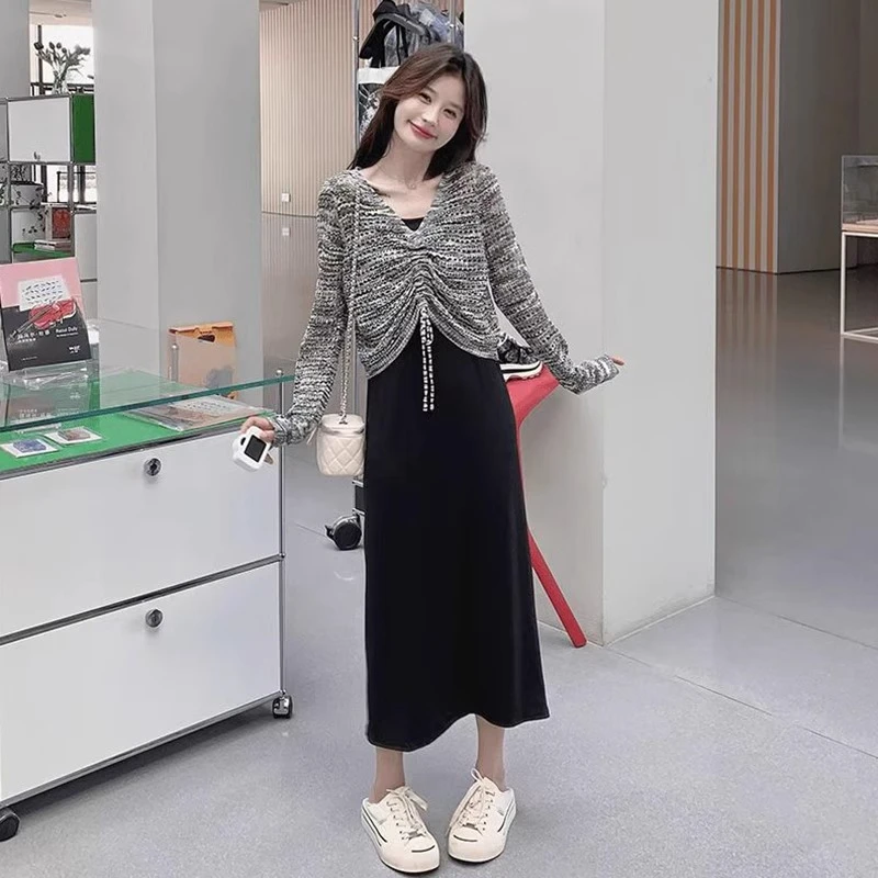 法式风套装女秋款高级感慵懒风针织罩衫吊带背心无袖连衣裙两件套