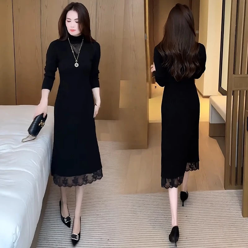 蕾丝针织连衣裙女2024秋冬新款洋气质显瘦中长款过膝黑色打底裙子