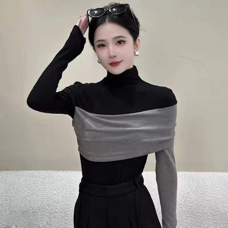 纯欲性感长袖T恤女秋冬新款半高领上衣修身显瘦撞色内搭打底衫女