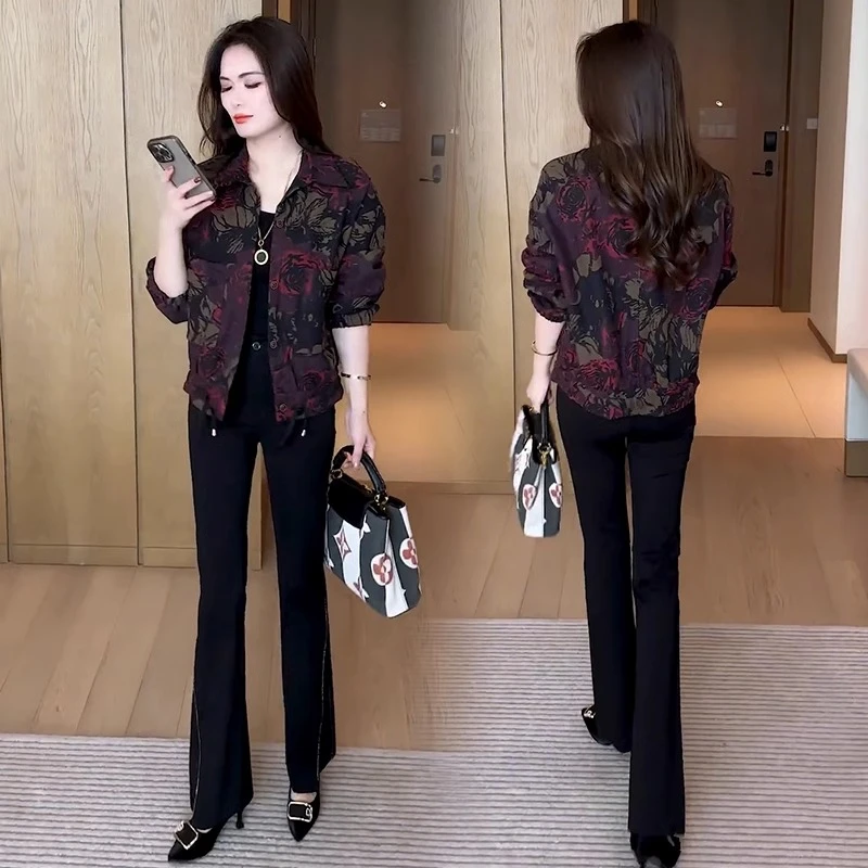 时尚印花短款外套女2024秋季新款洋气显瘦遮肉小个子百搭夹克上衣