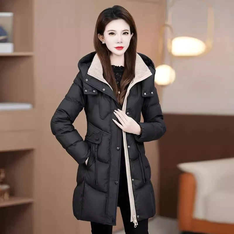 羽绒服女2024冬季新款时髦洋气收腰显瘦中长款连帽加厚白鸭绒外套