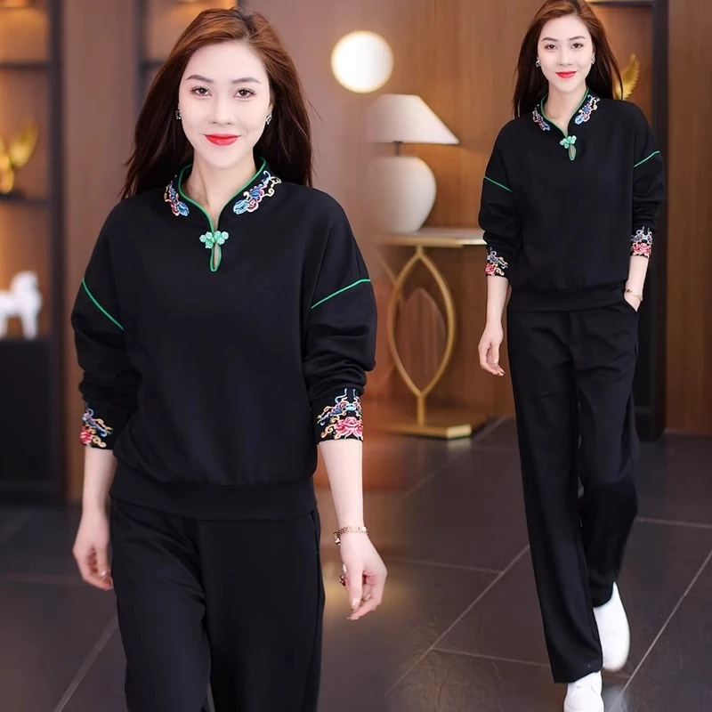 中国风刺绣休闲套装女2024春季新款洋气减龄新中式运动服两件套潮