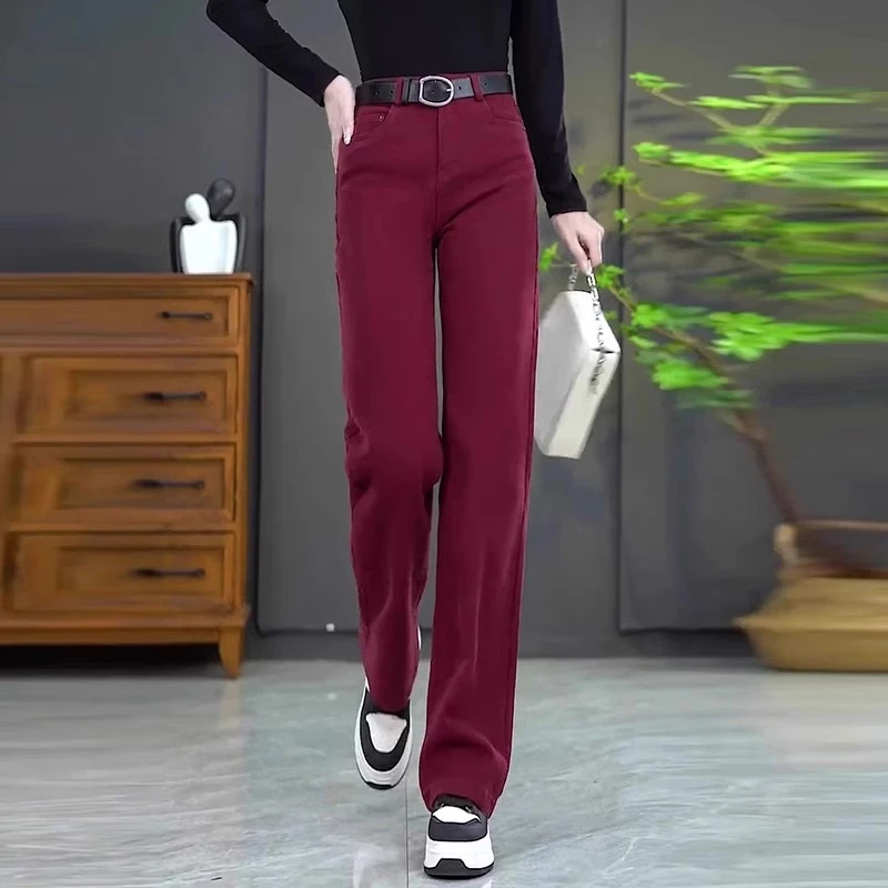 安哥拉红直筒牛仔裤女秋冬2024新款高腰显瘦宽松休闲窄版阔腿裤子