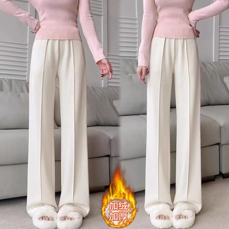加绒加厚窄版阔腿裤女2024秋冬新款宽松显瘦垂感高腰直筒毛呢裤子
