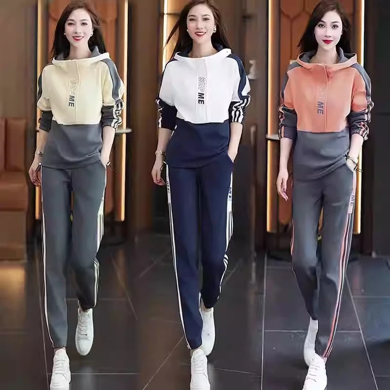 休闲运动服套装女2024年秋季新款炸街减龄连帽卫衣卫裤两件套潮牌