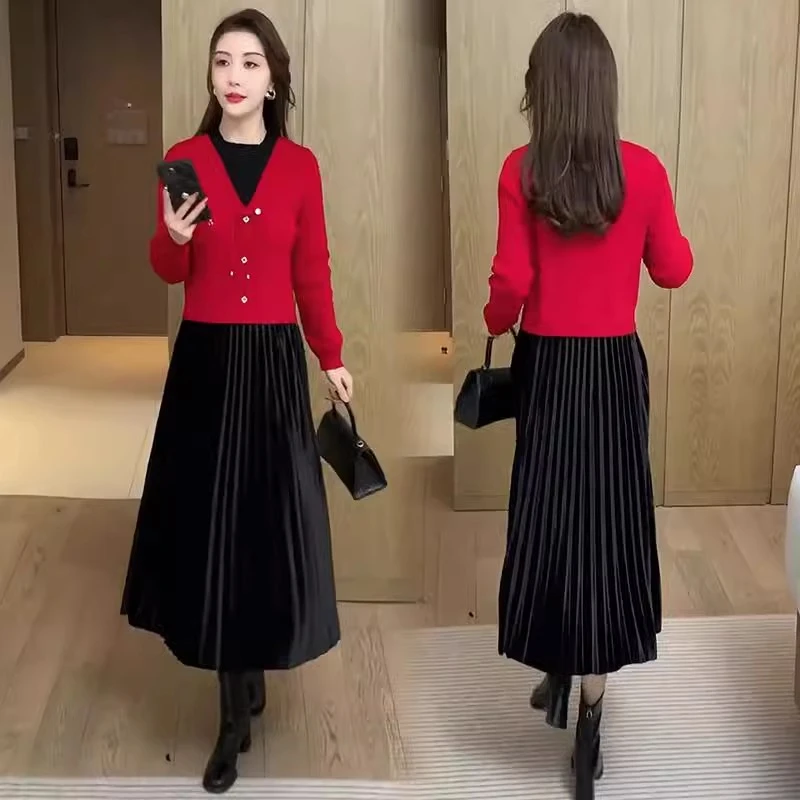 时尚洋气假两件针织连衣裙女2024秋冬新款中长款国风打底裙毛衣裙