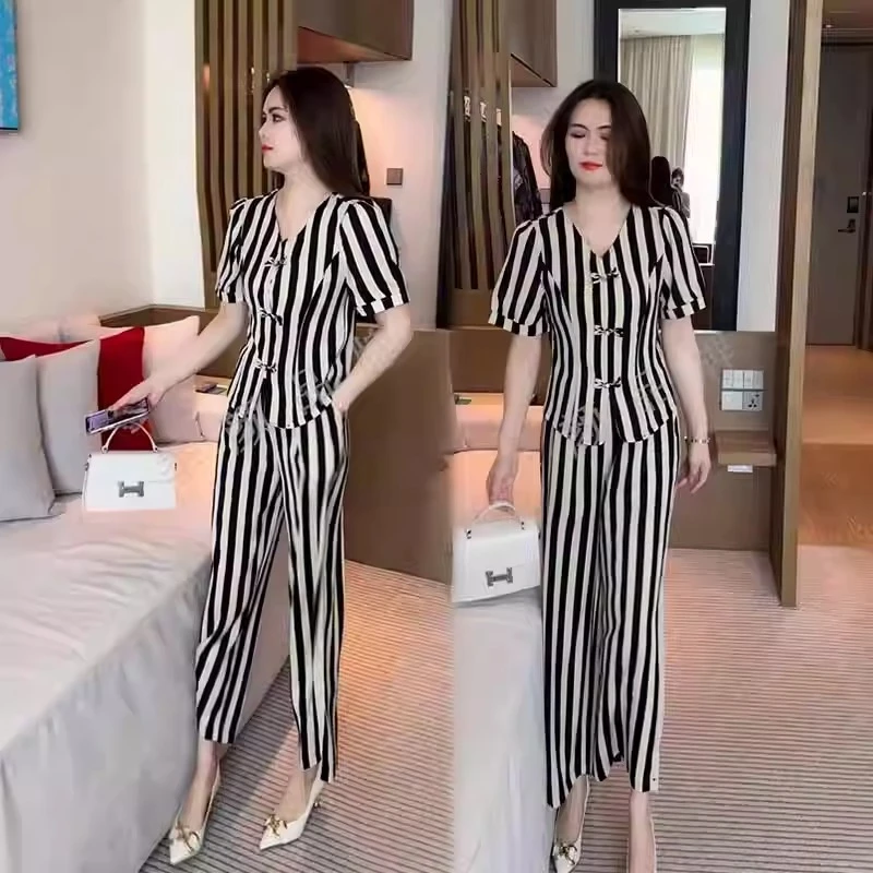 女装条纹套装2024年新款时尚小个子洋气质休闲减龄夏装时髦两件套