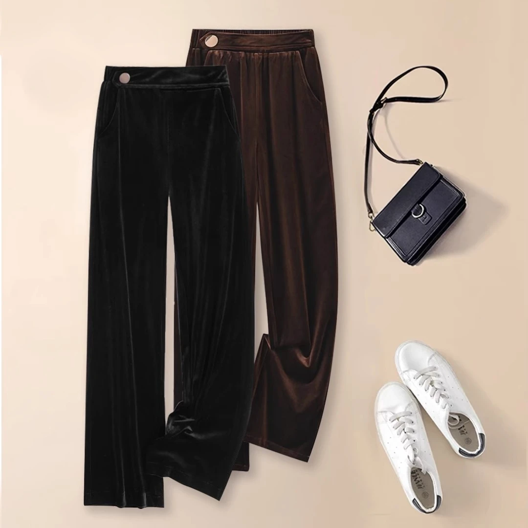 大码休闲裤女加厚新款秋冬金丝绒阔腿裤高腰宽松直筒裤加绒休闲裤