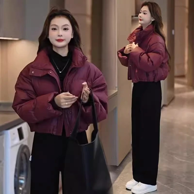 pu皮短款羽绒棉服外套女2024冬季新款加厚面包服肯豆风小个子棉衣