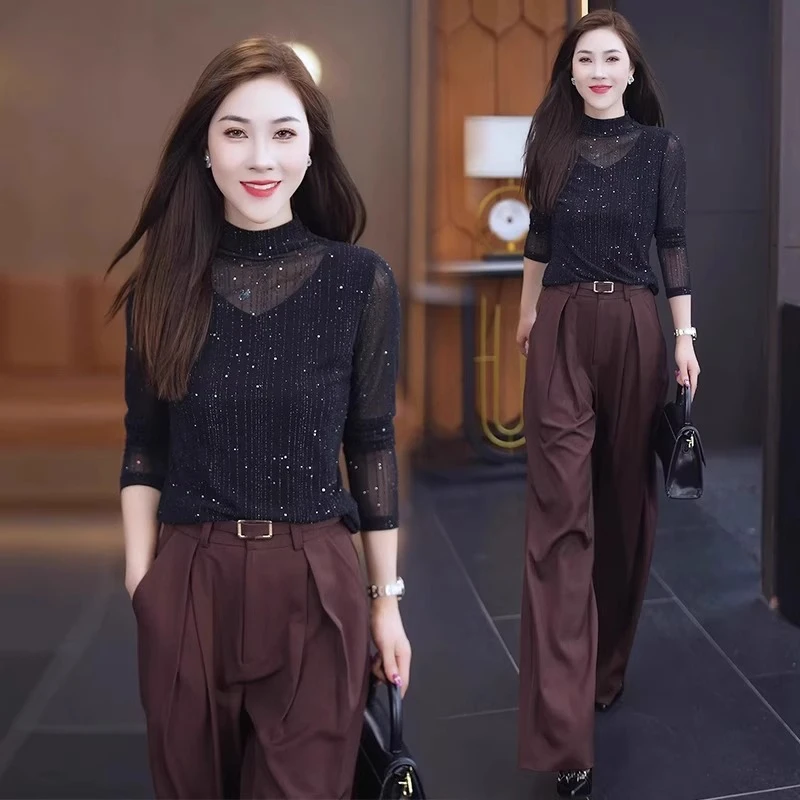 半高领网纱拼接长袖T恤女修身显瘦洋气打底衫2024秋季薄款上衣服