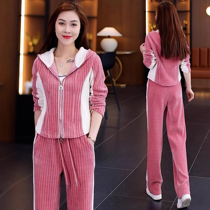 早春新款休闲运动套装女2023春秋季时尚洋气连帽卫衣阔腿裤两件套