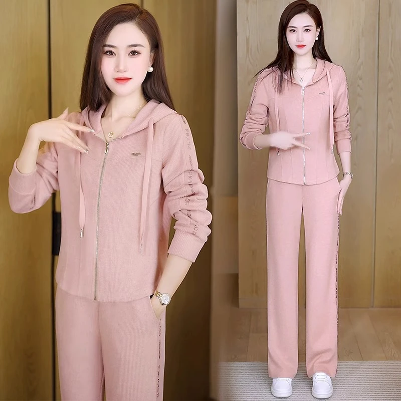 时尚休闲套装女2024春新款洋气减龄显瘦收腰连帽跑步运动服两件套