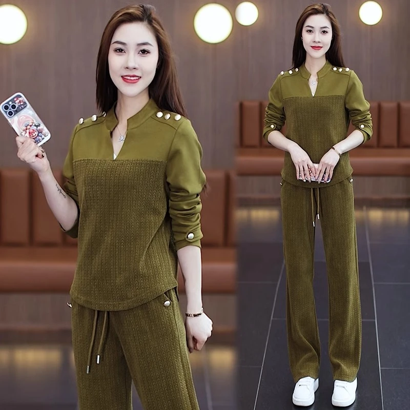 休闲V领运动套装女长袖2024年春秋新款时尚洋气减龄阔腿裤两件套